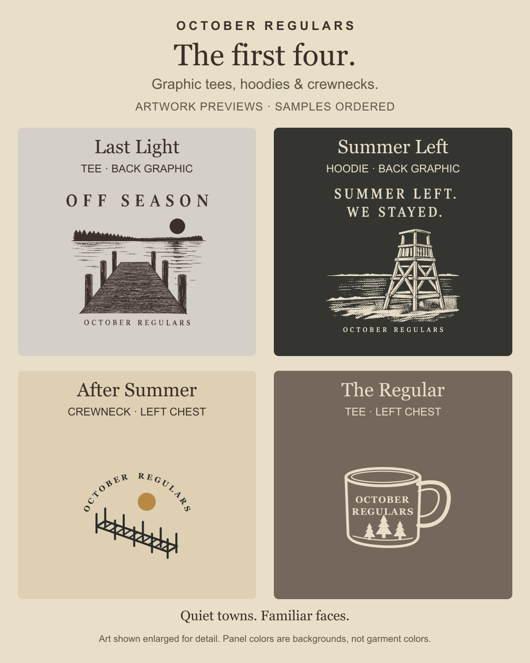 Four October Regulars artwork previews: Last Light tee back, Summer Left hoodie back, After Summer crewneck left chest, and The Regular tee left chest